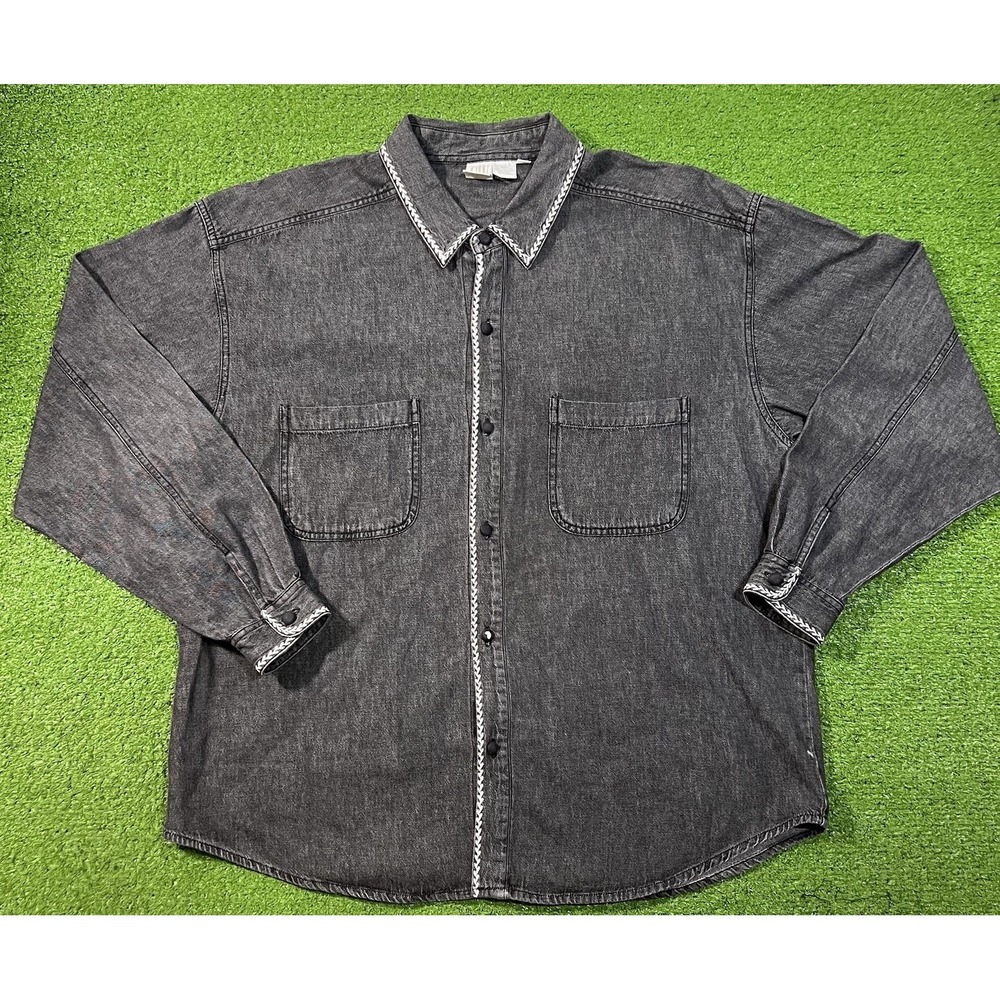 Vintage Western Shirt Womens LG Grey Chambray Decorative Stitch Contrast EUC